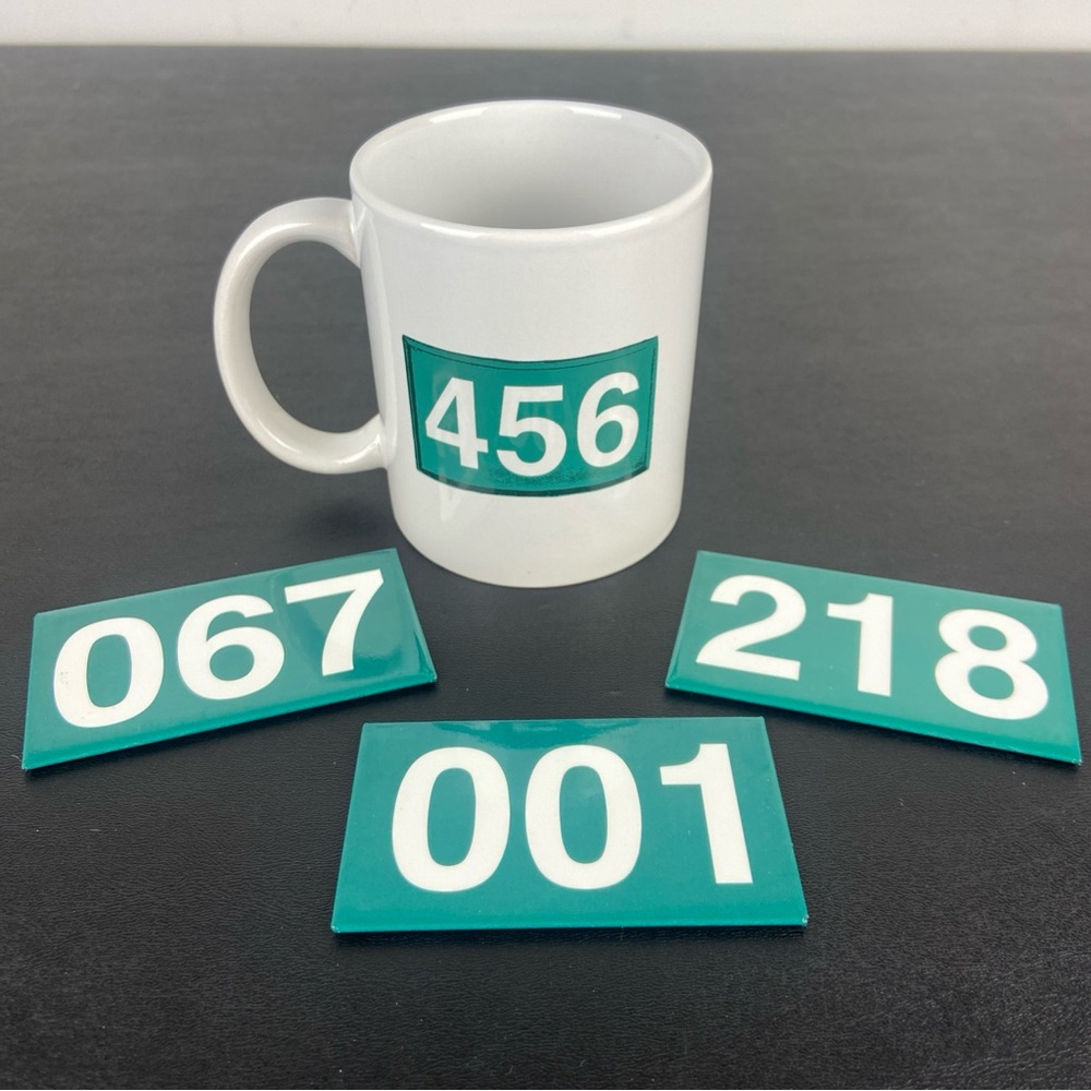 Squid Game 456 Player Number Ceramic 12oz Mug with Fridge Magnets Bundle